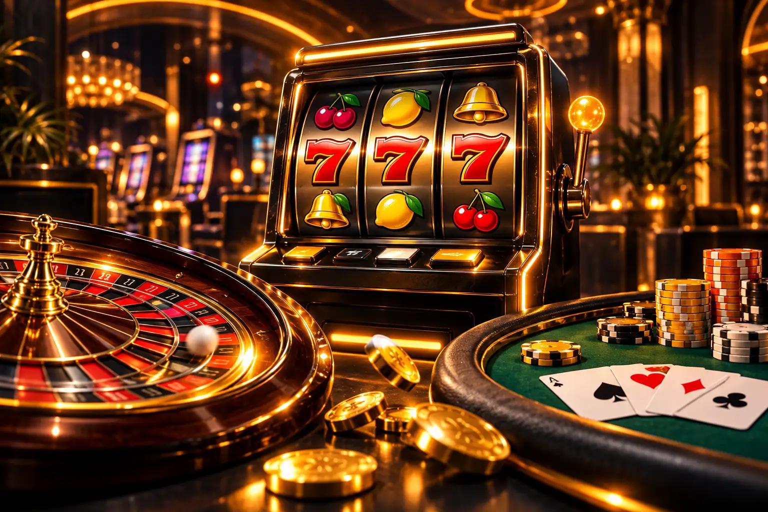 Slot machine con tre sette, roulette e fiches: il casinò Netwin