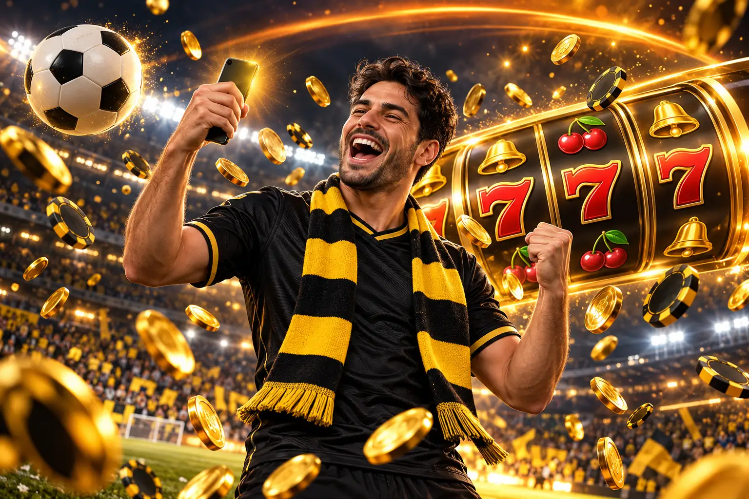 Tifoso con la sciarpa giallonera che festeggia tra monete d'oro e rulli di slot: il bonus di benvenuto Netwin